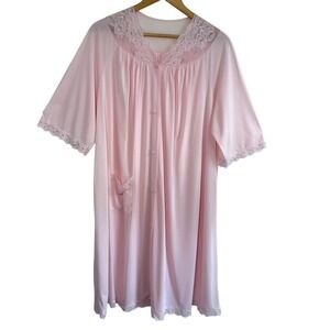 Vintage Shadowline Pink Lace Nightgown Dress Size Large Made in USA Coquette
